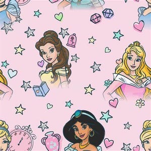 May include: A pink background with a repeating pattern of Disney princesses, stars, hearts, and other whimsical elements. The princesses featured are Belle, Cinderella, Aurora, and Jasmine.