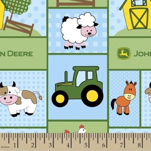 May include: A green and yellow farm themed fabric with a John Deere logo, a green tractor, a white sheep, a brown horse, a white cow, and a red rooster. The fabric has a blue and white checkered pattern.