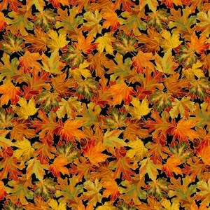 May include: A seamless pattern of autumn leaves in shades of yellow, orange, and green, with a black background. The leaves are detailed with fine lines, creating a textured effect. The design evokes a sense of fall and nature.