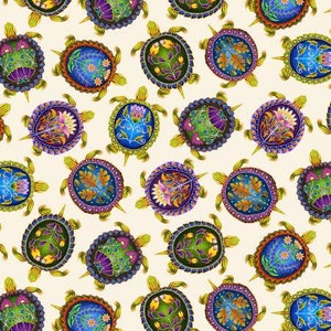 May include: A repeating pattern of colorful turtles with ornate shell designs. The turtles feature intricate floral and geometric patterns in shades of blue, green, purple, and orange, set against a cream background.