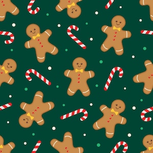Christmas Fabric Gingerbread Dance in Green 100% Cotton