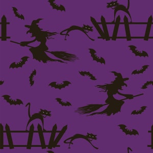 May include: A seamless pattern featuring black silhouettes of witches flying on broomsticks, cats perched on fences, and bats against a purple background.