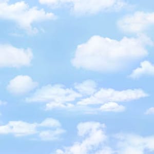 May include: A seamless pattern of a light blue sky filled with fluffy white clouds. The clouds vary in size and shape, creating a soft, airy texture across the image. The overall effect is a bright and cheerful depiction of a sunny day.