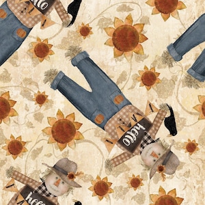 May include: A repeating pattern featuring scarecrows wearing blue denim overalls and brown plaid shirts. The scarecrows have hats, orange noses, and hold signs that say hello. The background includes sunflowers and black birds on cream.