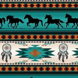 May include: A repeating pattern featuring running black horses, dream catchers, and geometric shapes in teal, cream, and rust colors. The design has a Native American or Southwestern theme, suitable for fabric or wallpaper.
