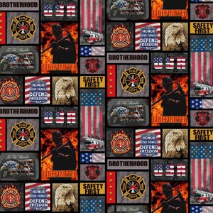 May include: A repeating pattern featuring firefighter-themed imagery. The design includes fire department emblems, American flags, eagles, fire trucks, and the words "Firefighter," "Brotherhood," "Safety First," and "Honor Love Family Defend Freedom."