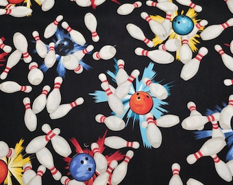 Bowling Fabric Strike in Black Large Print From Robert Kaufman 100% Cotton