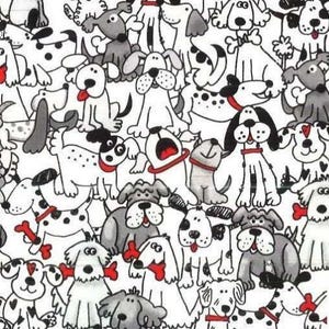May include: A repeating pattern of cartoon dogs in various poses. The dogs are primarily black, white, and gray, with red accents like collars and bones. The overall design is playful and whimsical.