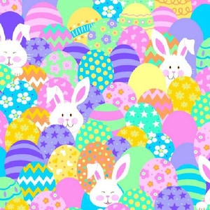 May include: A colorful Easter-themed pattern featuring decorated eggs in various pastel colors, including pink, blue, yellow, and green. White cartoon bunnies peek out from behind the eggs. The eggs are adorned with stripes, polka dots, and floral designs.