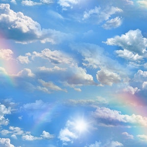 Landscape Fabric Clouds and Rainbows in Blue From Elizabeth Studios 100% Cotton