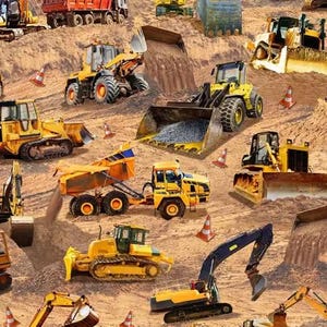 May include: A repeating pattern of construction vehicles, including bulldozers, excavators, and dump trucks, in shades of yellow and orange. The vehicles are set against a sandy background, with orange and white traffic cones scattered throughout.