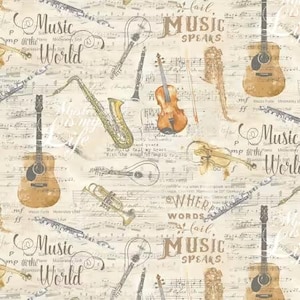 May include: A beige musical-themed pattern featuring various instruments like guitars, violins, and saxophones, set against a backdrop of sheet music. The words "Music World" and "Music Speaks" are also visible.