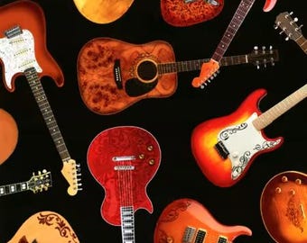 May include: An assortment of electric and acoustic guitars in various colors, including red, orange, and brown, are arranged against a black background. The guitars have different body shapes and designs, showcasing a variety of musical instruments.