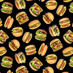 May include: A seamless pattern of colorful, juicy hamburgers with lettuce, tomato, cheese, and sesame seed buns on a black background.
