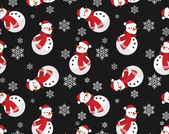 Christmas Fabric Smiling Snowmen in Black 100% Cotton