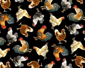May include: A black background with a repeating pattern of roosters and hens. The roosters are in various poses, some with their wings spread and some with their tails raised. The hens are in a more relaxed pose, with their heads down. The colors are vibrant and include shades of brown, red, white, and black.