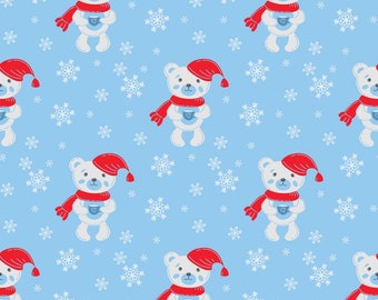 Christmas Fabric Beary Christmas in Blue 100% Cotton