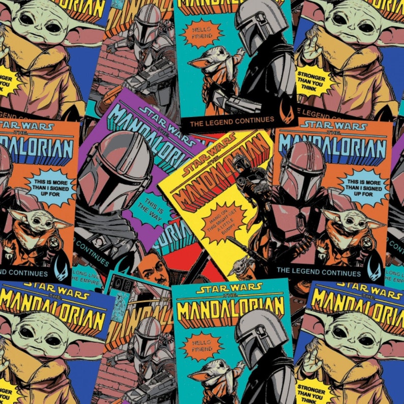 Op de afbeelding: Een collage van comicboekomslagen met de Star Wars: The Mandalorian-personages, waaronder de Mandalorian en Grogu. De omslagen zijn in verschillende kleuren, waaronder geel, rood, blauw en groen. De tekst op de omslagen is "Star Wars: The Mandalorian", "De legende gaat verder", "Dit is de weg" en "Houd je vast, deze vlucht wordt een beetje hobbelig".