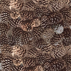 May include: A repeating pattern of brown and tan pine cones. The cones vary in size and are arranged closely together, creating a textured, natural design. The color palette is earthy, with shades of brown and beige.