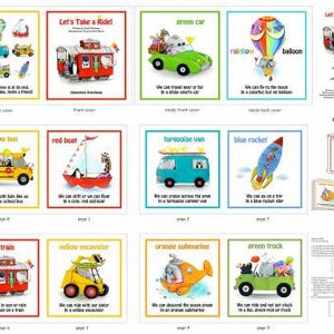 May include: A colorful children's book titled "Let's Take a Ride!" with illustrations of various vehicles, including a yellow bus, red boat, turquoise van, blue rocket, red train, yellow excavator, orange submarine, and green truck. Each page features a different vehicle with a short description.