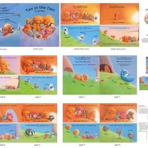 May include: A children's book titled "Ten in the Den" with colorful illustrations. The cover features a group of teddy bears and other animals. Inside pages show various animal characters in a story setting. The book is designed for young readers.