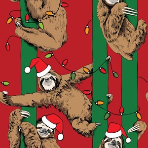 May include: A seamless pattern featuring sloths wearing Santa hats and hanging from green and red striped poles with Christmas lights. The sloths are brown and have a cartoonish style.