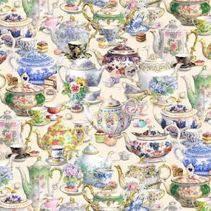 May include: A patterned image featuring a variety of vintage teacups, teapots, and saucers in a repeating pattern. The teacups and teapots are decorated with floral designs and gold accents. The color palette includes blues, greens, pinks, and yellows.