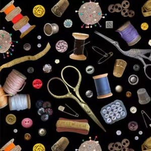 May include: A collection of sewing notions scattered on a black background. The image includes spools of thread, thimbles, pins, buttons, scissors, and measuring tape. Colors include gold, red, blue, pink, and yellow.
