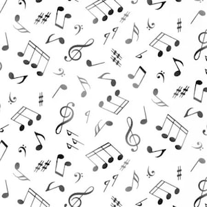 May include: A seamless pattern of musical notes and symbols in shades of gray and black on a white background. The design includes treble clefs, eighth notes, and other musical notations, creating a visually dynamic and artistic composition.