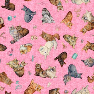 Cat Fabric Quilt Room Kitties Cat Toss in Pink From Quilting Treasures 100% Cotton