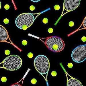 May include: A repeating pattern of tennis rackets and tennis balls on a black background. The rackets have colorful handles and frames, with the tennis balls in a bright yellow-green color.