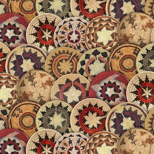 May include: A collection of woven, circular baskets with intricate geometric patterns. The baskets feature a variety of colors, including red, brown, black, and beige. The designs include stars, spirals, and other symmetrical shapes.