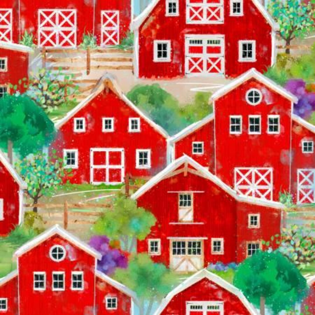 Red Farm Pattern Farm Fabric Back on the Farm Barns in Red From 3 Wishes 100% Cotton - Etsy