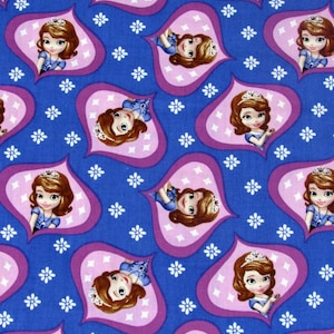 May include: A blue fabric with a repeating pattern of a cartoon princess wearing a crown and blue dress. The princess is surrounded by white flowers and pink hearts.