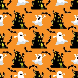 Halloween Fabric Haunted Houses in Orange 100% Cotton