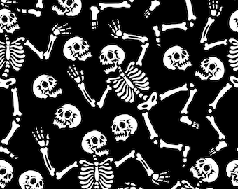Halloween Fabric Skeleton Dancing in Black 100% Cotton