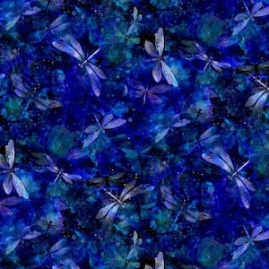 May include: A seamless pattern featuring numerous dragonflies in shades of blue and purple against a dark blue and teal background. The dragonflies have detailed wings and are scattered across the surface.