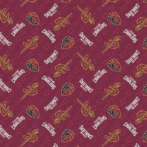 May include: A repeating pattern featuring the Cleveland Cavaliers logo in gold, blue, and red on a burgundy background. The logo includes a basketball, a sword, and the words "Cleveland Cavaliers".