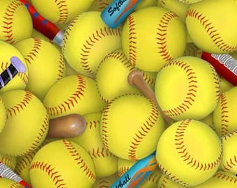 Sports Fabric Softball in Yellow From Elizabeth Studios 100% Cotton