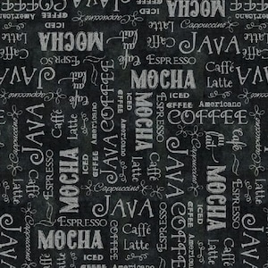 May include: A black and white seamless pattern with various coffee and espresso terms written in a handwritten style. The words include: Java, Coffee, Mocha, Espresso, Latte, Cappuccino, Caffe, Iced, Americano, and more.