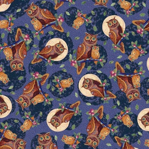Owl Fabric Opulent Owls in Navy Blue From Quilting Treasures 100% Cotton