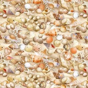 May include: A seamless pattern featuring a variety of seashells, starfish, and sand dollars in shades of beige, white, orange, and brown. The design creates a beachy, coastal theme.