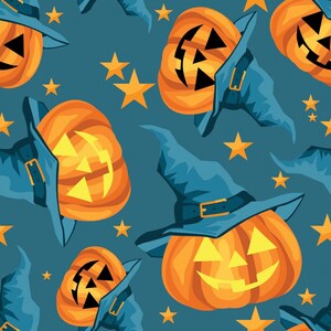 May include: A seamless pattern featuring orange jack-o'-lantern pumpkins wearing blue witch hats with black buckles. The background is a teal blue with yellow stars.