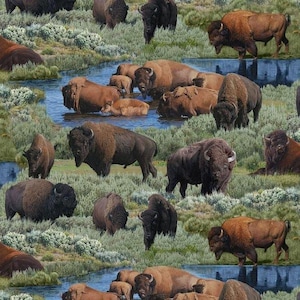 May include: A repeating pattern featuring numerous bison in a natural landscape. The bison vary in color from dark brown to reddish-brown, set against a backdrop of green foliage and a blue stream. The image evokes a sense of the American West.