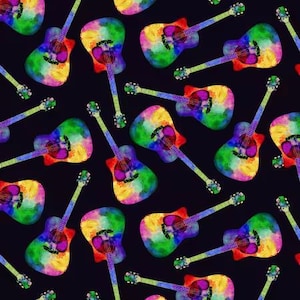 May include: A repeating pattern of colorful acoustic guitars against a dark background. The guitars feature a vibrant watercolor effect with hues of red, yellow, green, and blue. The design is artistic and eye-catching.