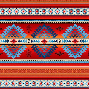 May include: A vibrant, seamless pattern featuring Native American-inspired designs. The design incorporates geometric shapes, including triangles and diamonds, in shades of red, blue, orange, and cream. Dreamcatchers and stylized birds are also present.