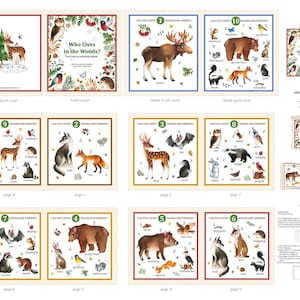 May include: A children's picture and counting book titled "Who Lives in the Woods?" with illustrations of woodland animals. The book features a beige cover and pages with colorful drawings of animals like deer, bears, and foxes, with text and numbers.