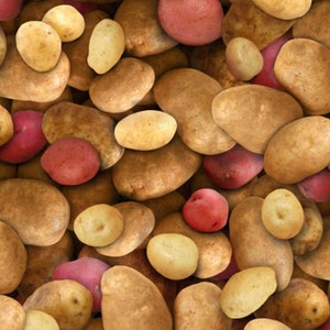 May include: A close-up image of a variety of brown, red, and yellow potatoes. The potatoes are arranged in a random pattern, with some overlapping.