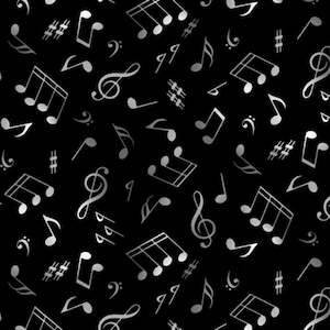 May include: A black background with a silver musical note pattern. The pattern includes treble clefs, bass clefs, quarter notes, eighth notes, and sharps.