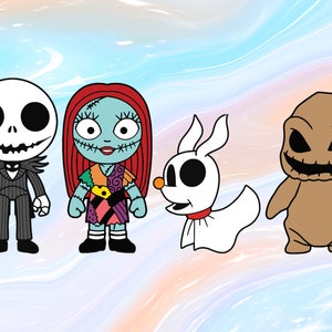 May include: A set of four cartoon characters from the film The Nightmare Before Christmas. The characters are Jack Skellington, Sally, Zero, and Oogie Boogie. They are all in a chibi style and are facing forward. The background is a light blue and pink gradient.